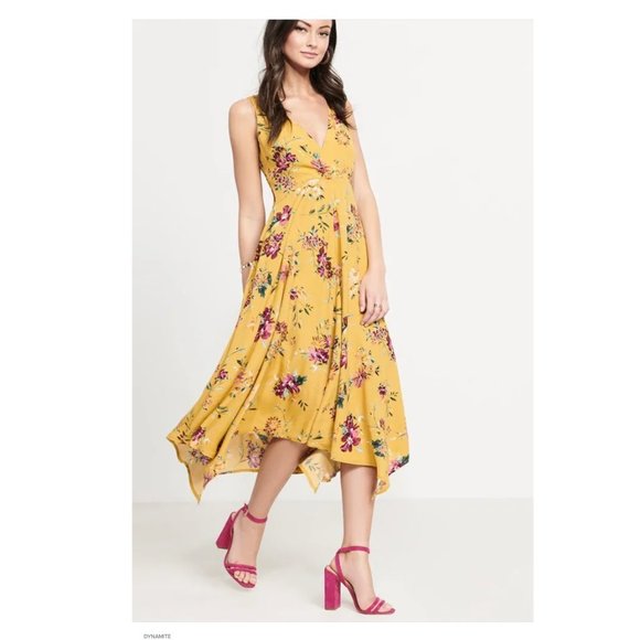 Dynamite faux wrap front maxi dress yellow floral - Picture 1 of 8
